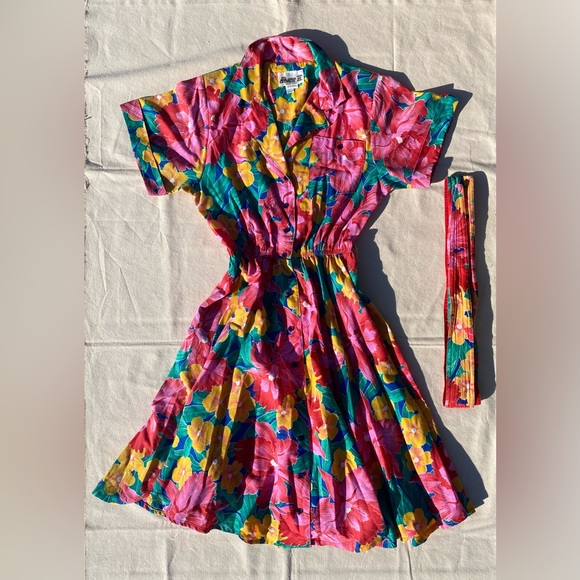 ACT I New York Dresses & Skirts - Vintage 80s Act I New York Floral Midi Dress Multicolor Belted 100% Cotton 9/10